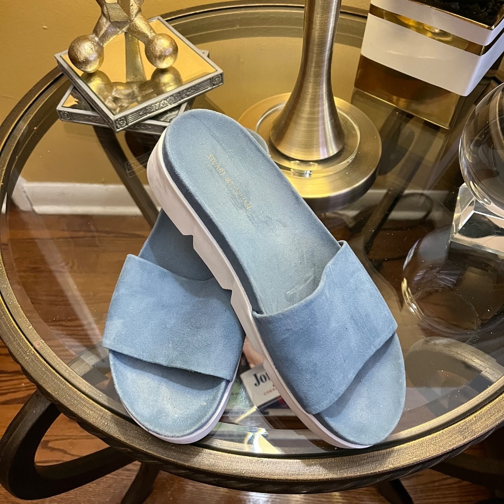 Stuart Weitzman Suede Slip On Landslide Lug Sole Sandals - 7.5M - Baby Blue